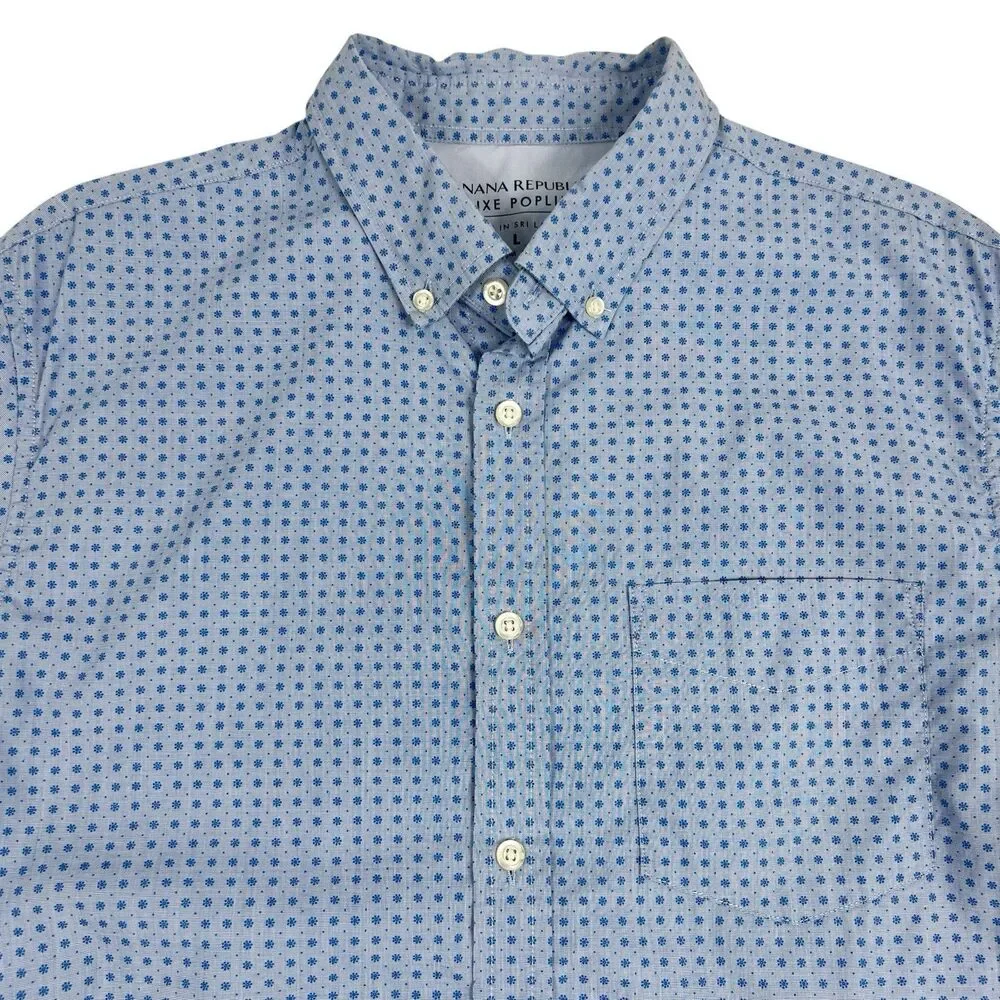 Banana Republic Luxe Poplin Slim Fit Blue Print Short Sleeve Button Down Shirt